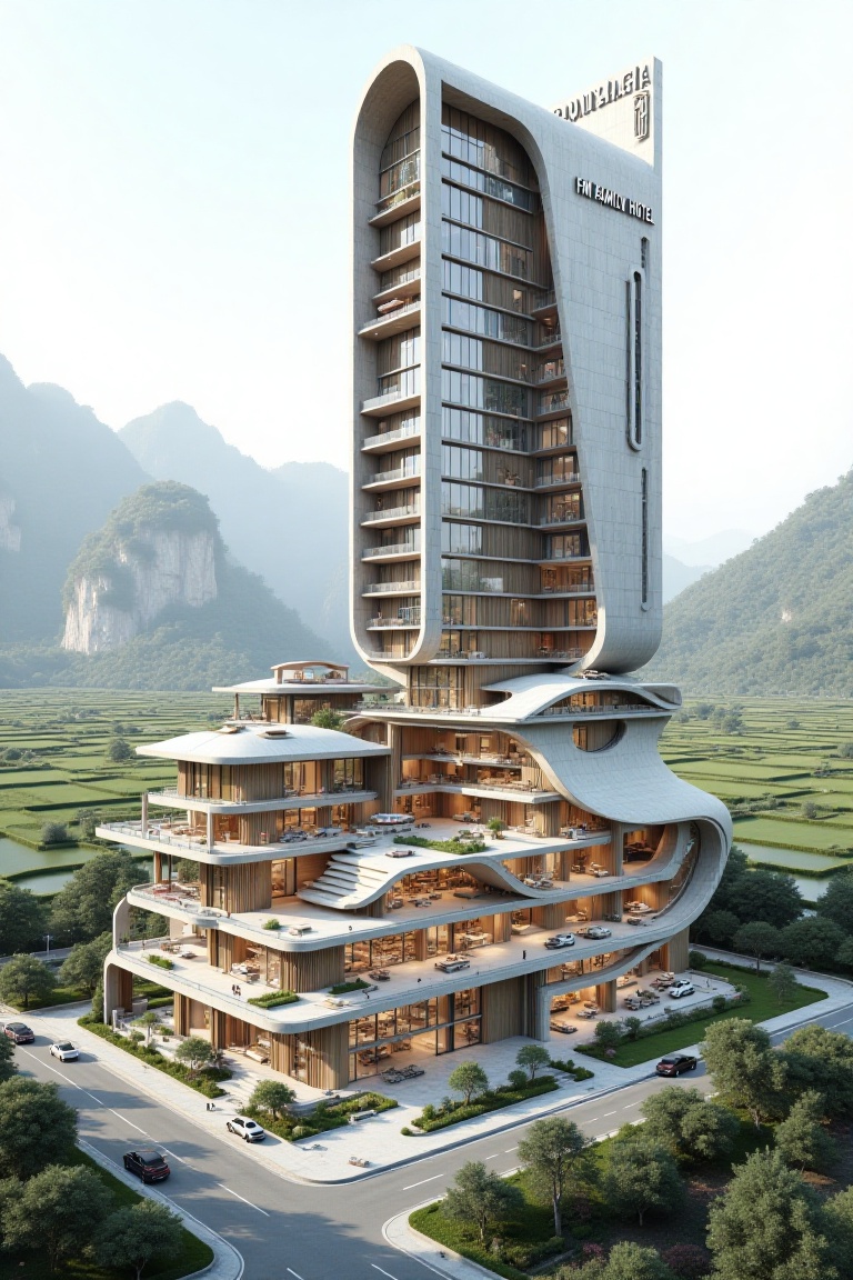 Created a futuristic luxury building design with large glass,  smooth and modern architecture with section,  futuristic to...