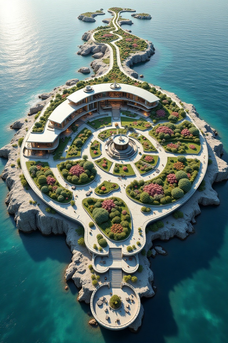A breathtaking artificial island with modern house viewed from above,  designed in the precise shape of a wristwatch secti...