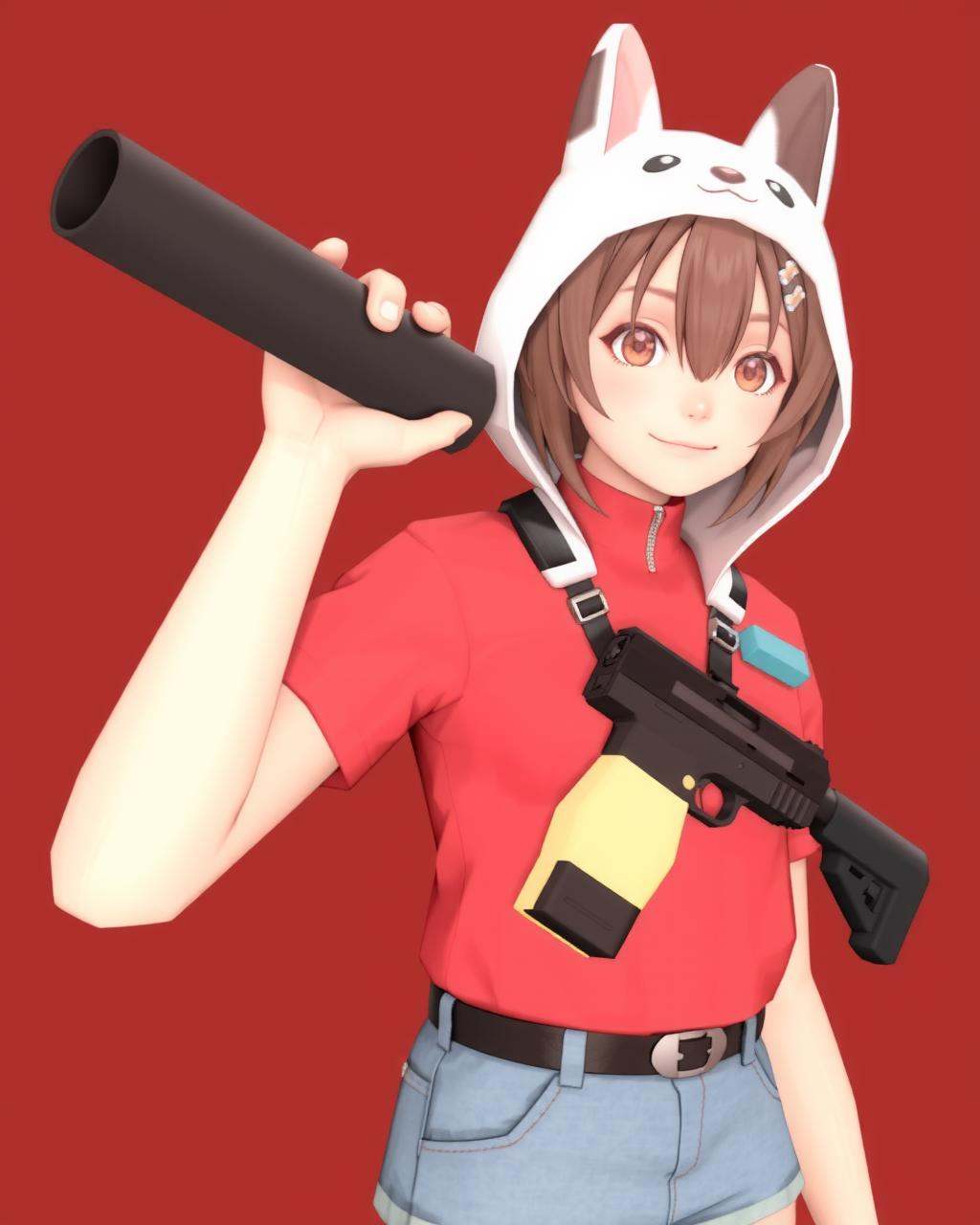 a highly detailed 3D render of virtual youtuber inugami korone wearing a red shirt and holding a gun,  dog ears,  brown ha...