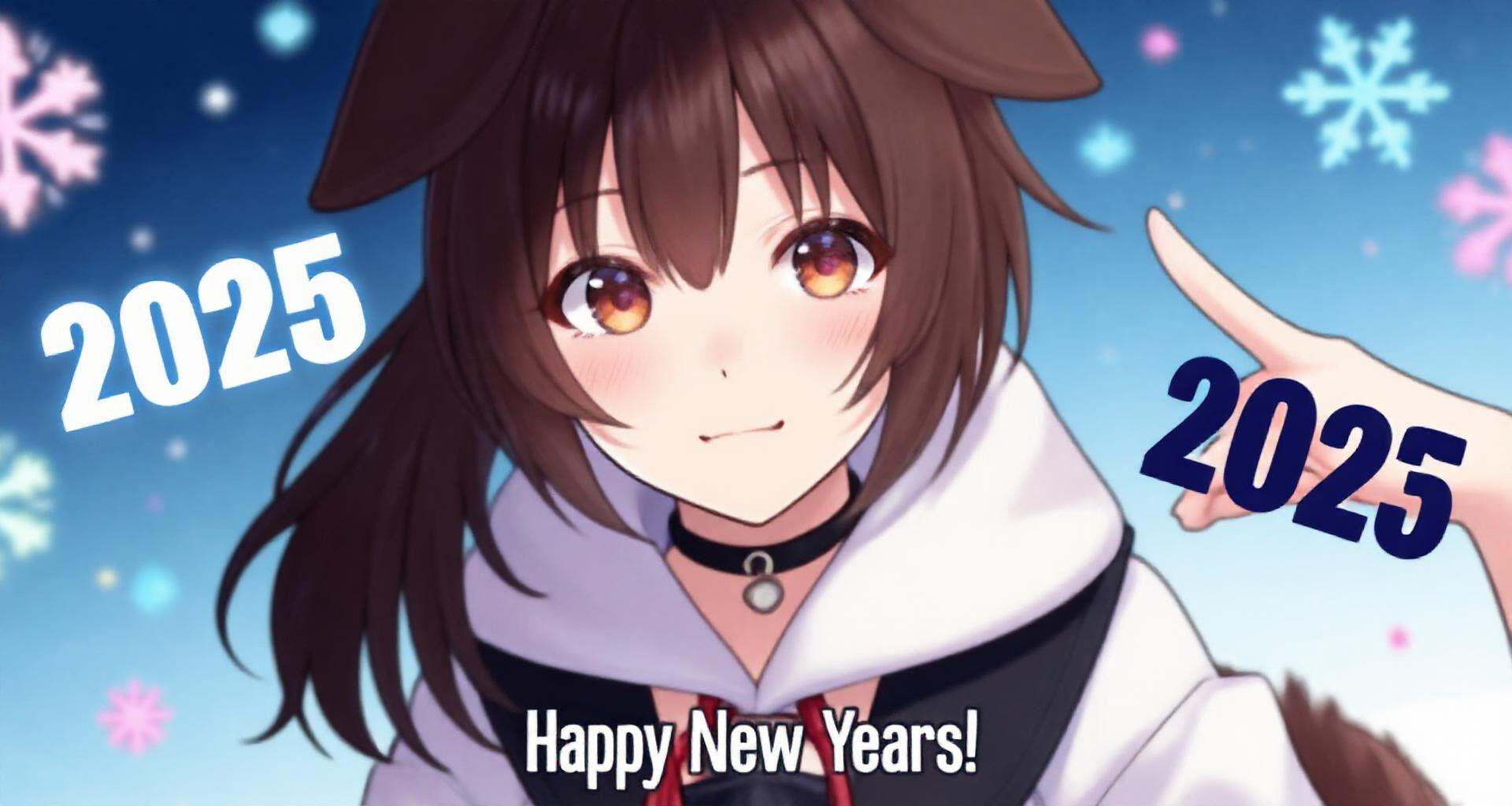 an amazing photo of virtual youtuber inugami korone celebrating the new years,  there is floating text "2025" and text "Ha...