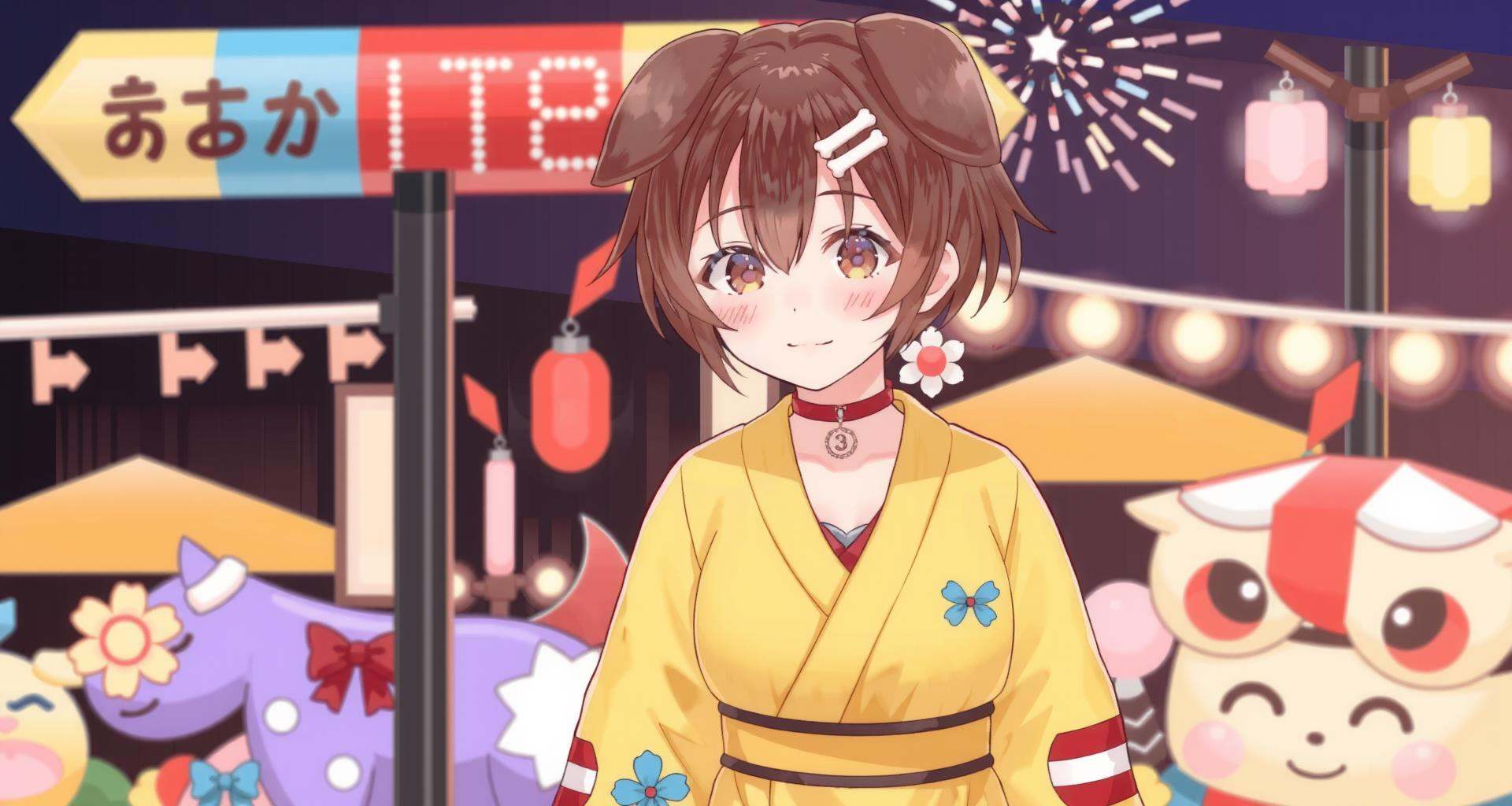 an amazing picture of virtual youtuber inugami korone at a festival in japan wearing a yellow kimono,  it is night time wi...