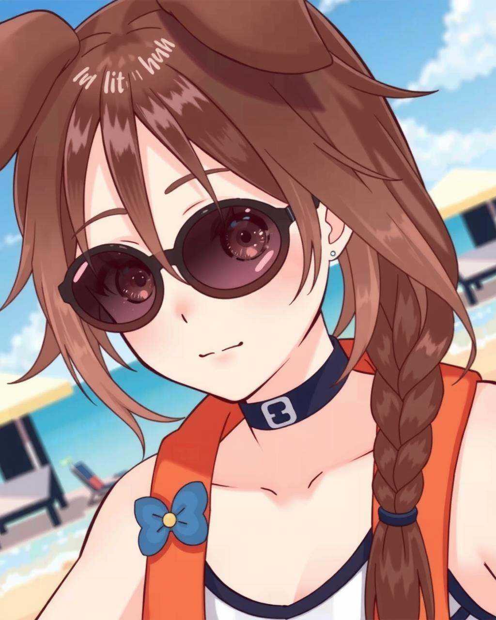 a portrait close up photo of inugami korone wearing sunglasses and standing outside at the beach on Tensor.Art