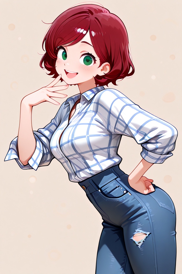 1girl solo big circle eyes cartoony art style round head clean lineart angular proportions green eyes red curly short hair...