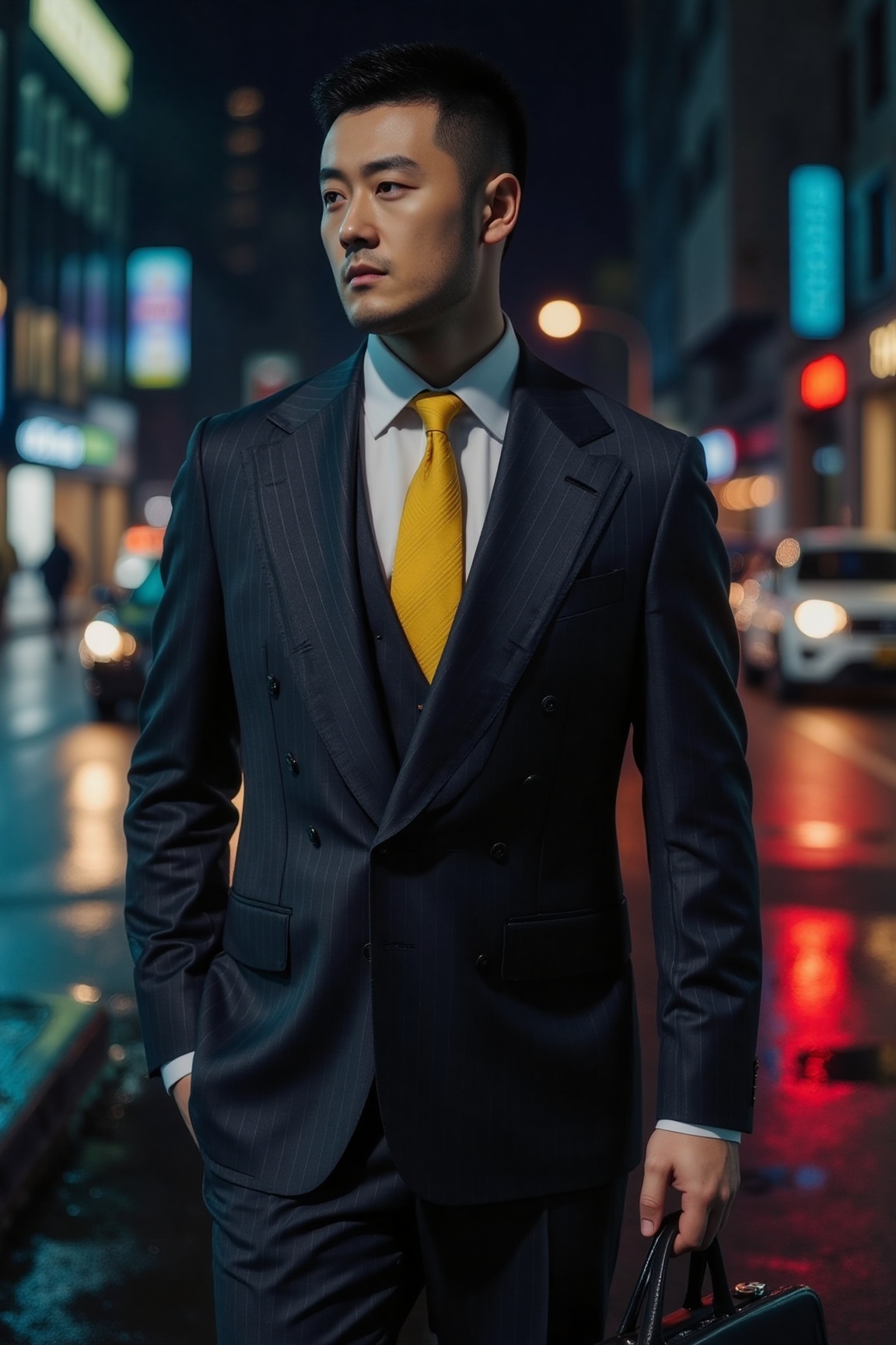 In the neon-lit urban streets,  a stern elite in a tailored charcoal suit with a bright yellow tie stands against the wind...