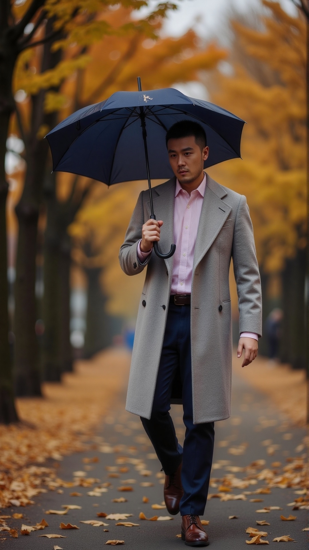 Refined gentleman in a light gray woolen overcoat,  with a cherry blossom pink shirt underneath,  holding a dark blue vint...