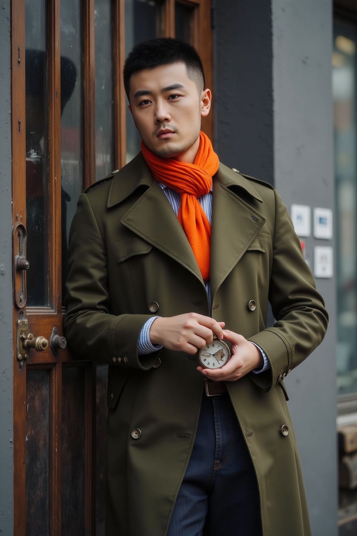 A young man in an olive green trench coat paired with a vibrant orange scarf leans against the weathered iron door of an o...