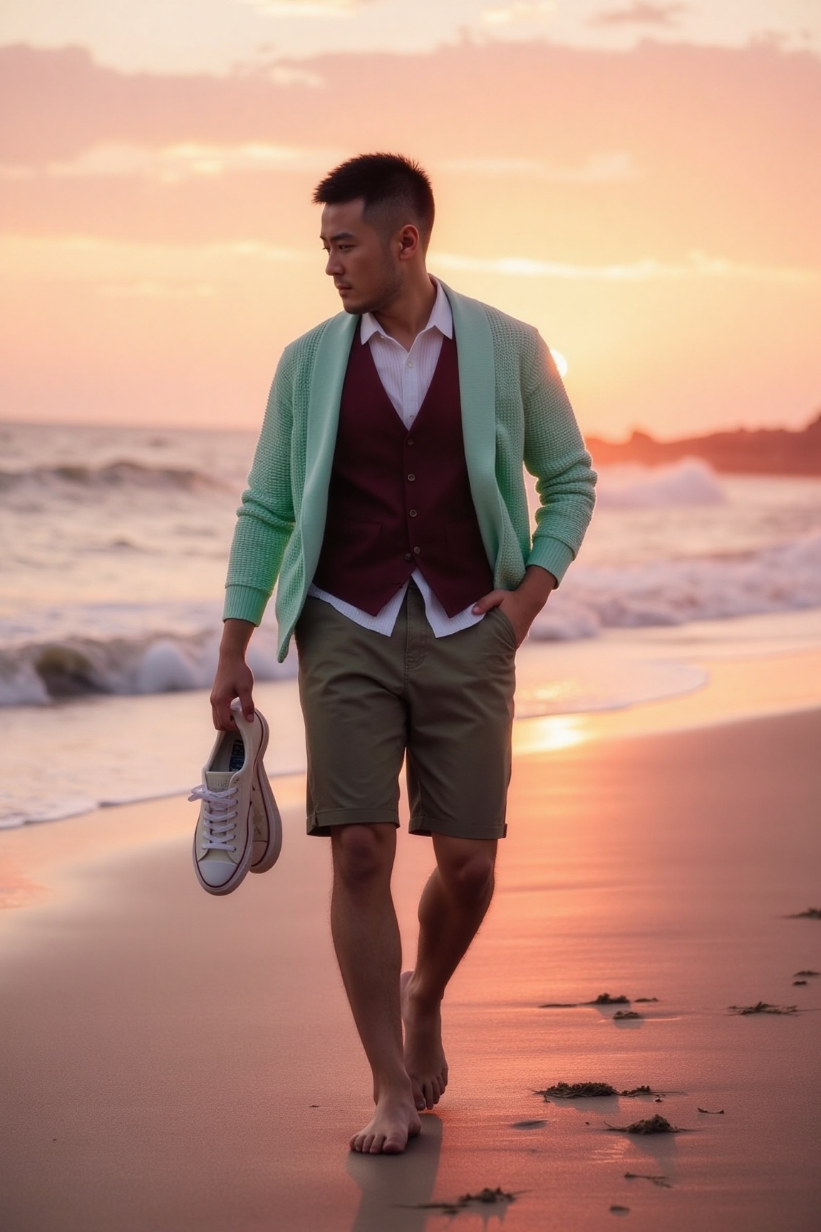 At sunset by the sea,  the golden afterglow blankets the beach. a close shot of A sunny and charming stylish man dons a mi...