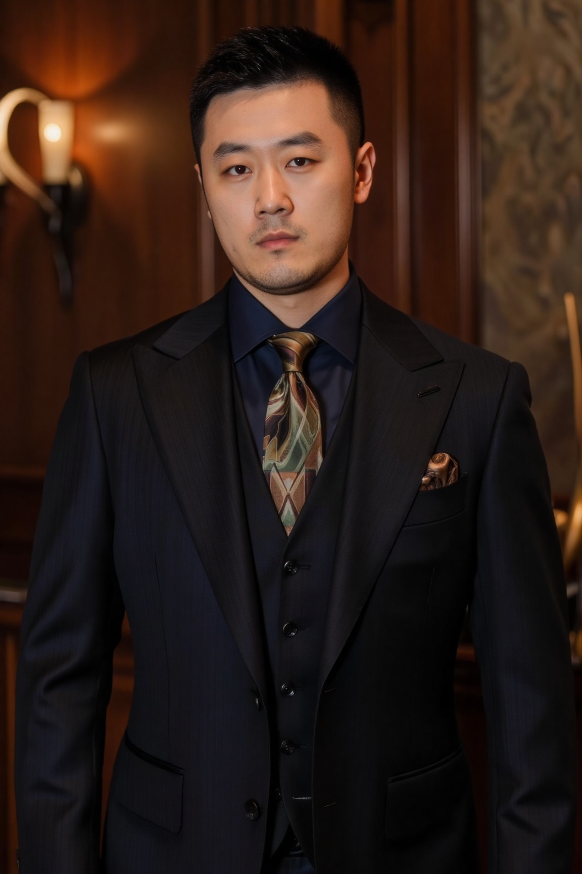 A man in black gothic formal suit,  paired with a matching vest,  a brown - black geometric - patterned tie on Tensor.Art