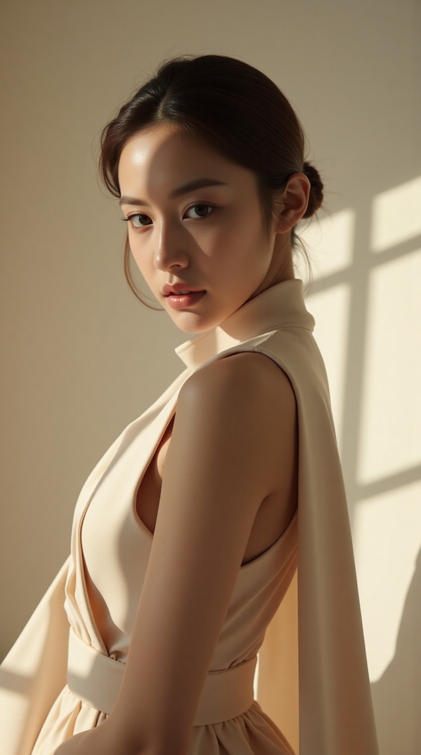 natural light fashion photography,  elegant 20yo model,  minimal makeup on Tensor.Art