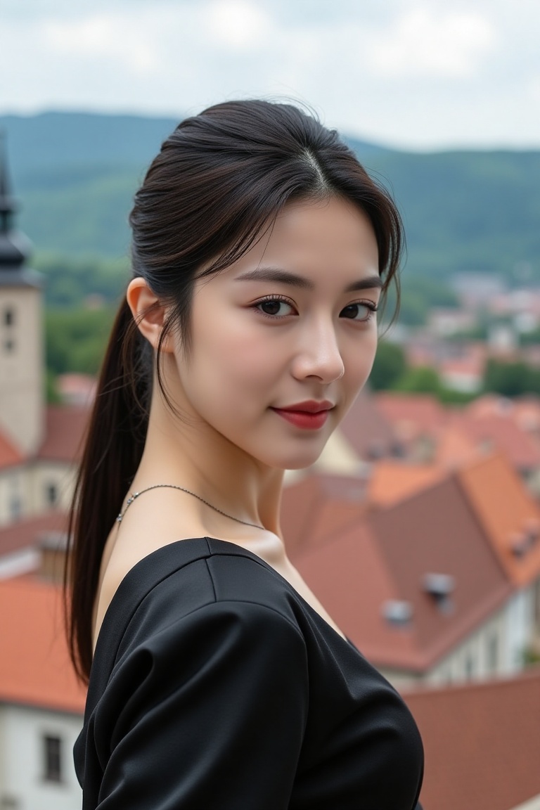 a stylish woman,  20yo,  black ponytail hair blowing on Tensor.Art