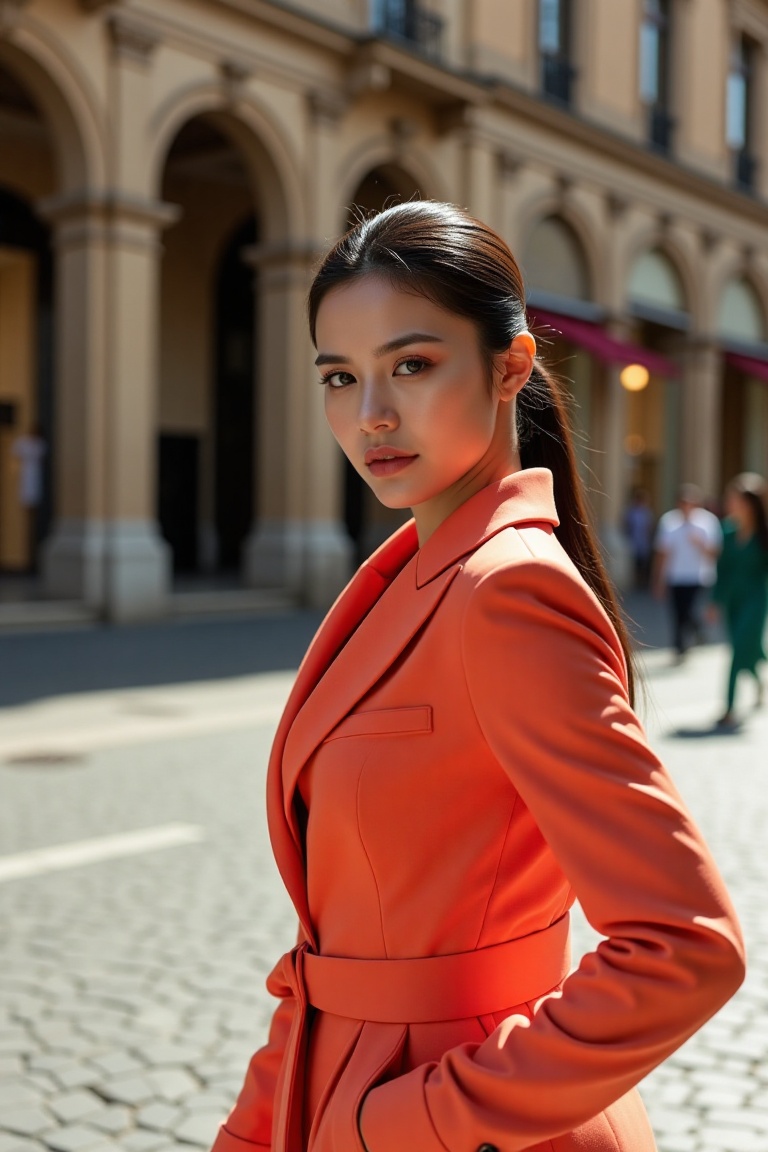 20-year-old femme fatale,  fashion photo shoot on elegant Milan street,  black ponytail hair on Tensor.Art