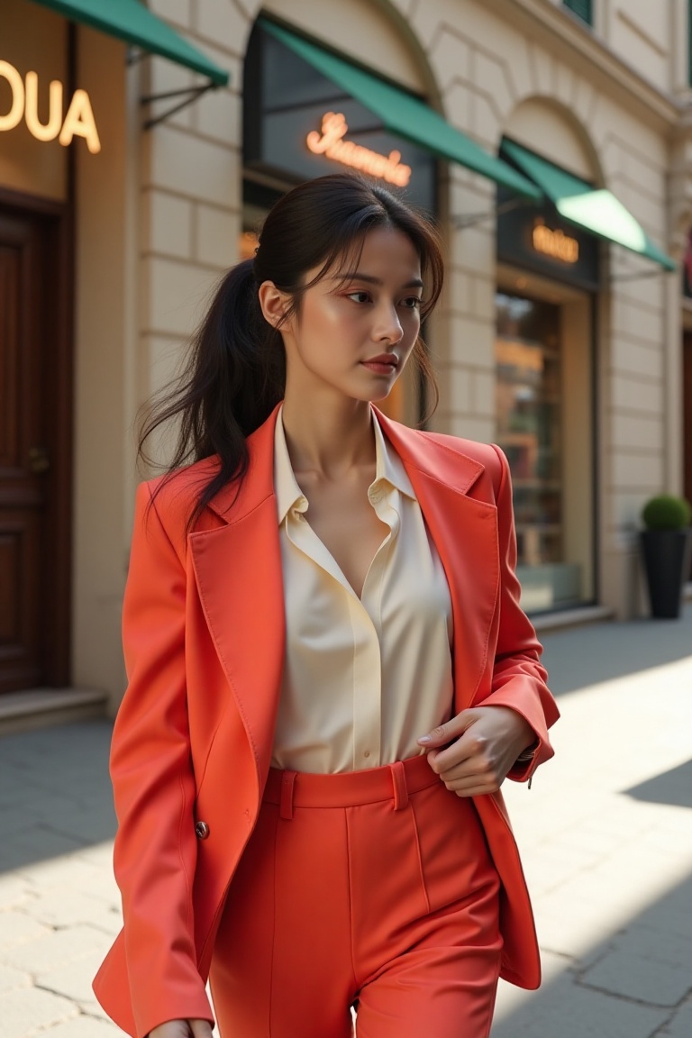 20-year-old femme fatale,  fashion photo shoot on elegant Milan street,  black ponytail hair on Tensor.Art