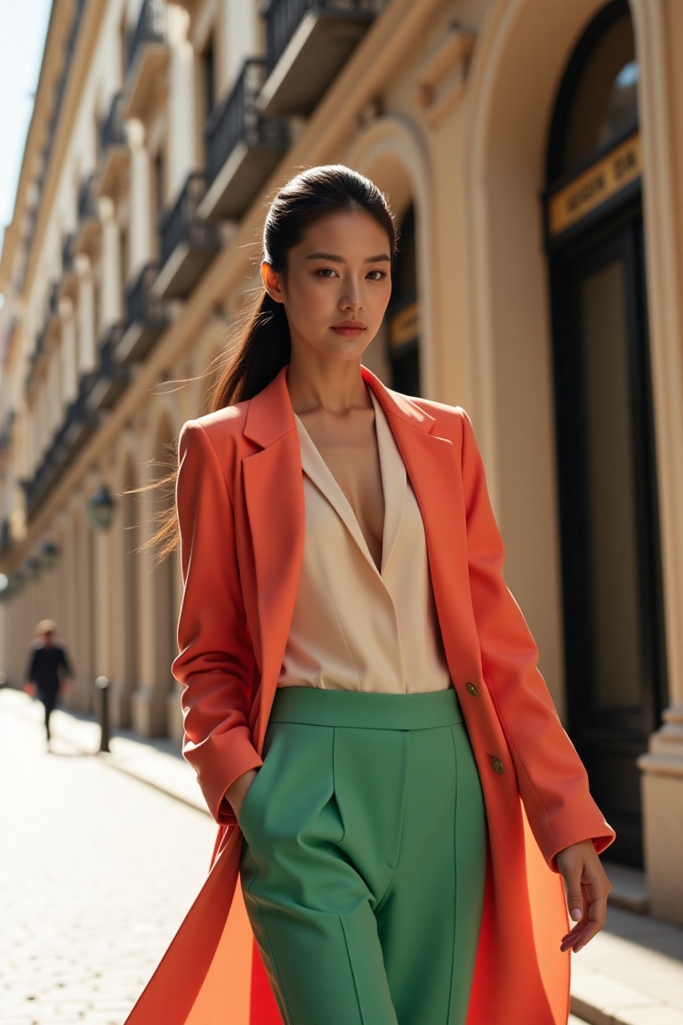 20-year-old femme fatale,  fashion photo shoot on elegant Milan street,  black ponytail hair on Tensor.Art
