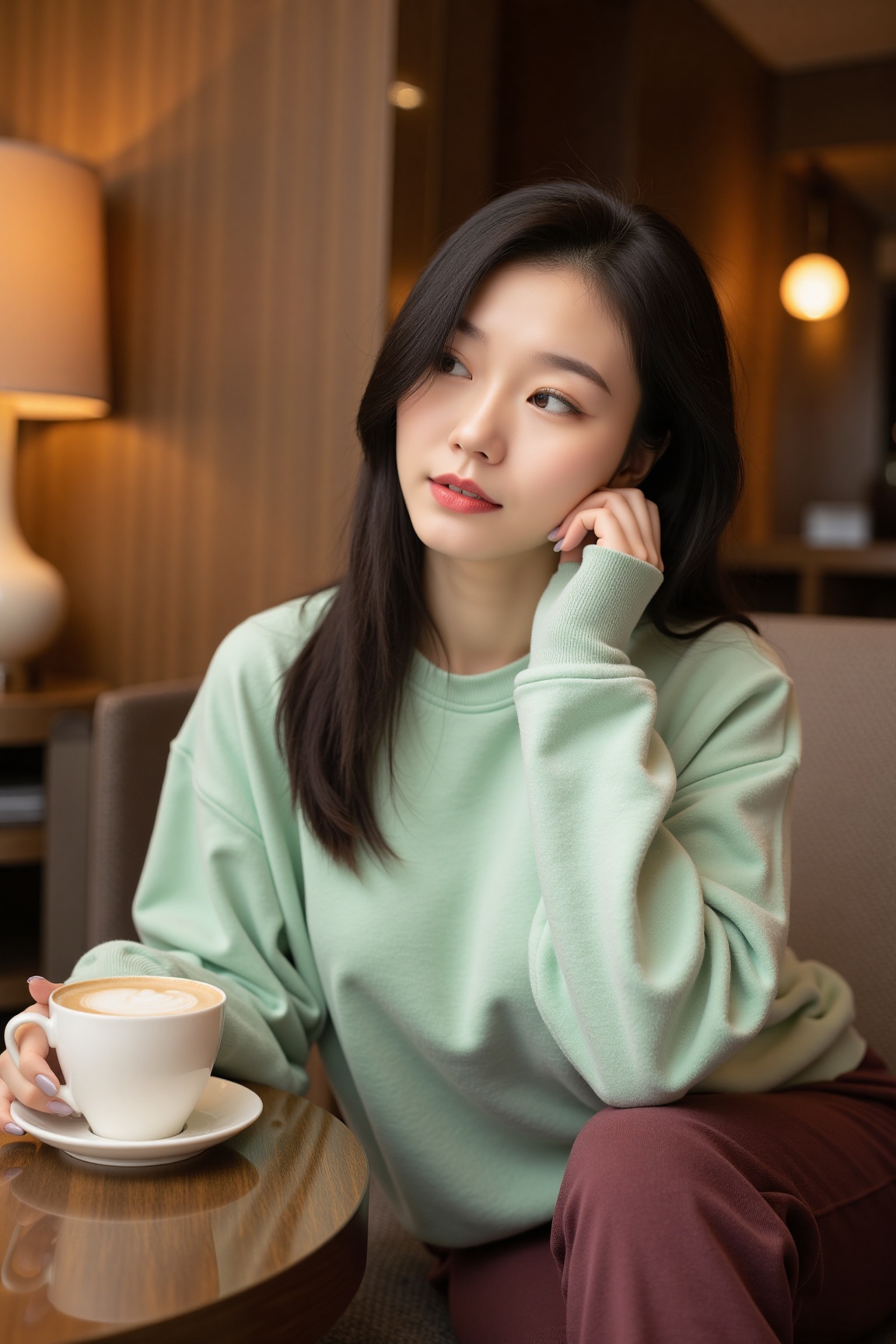 The picture features a close-up of a beautiful Asian professional woman. Wearing a mint green sweatshirt and burgundy swea...
