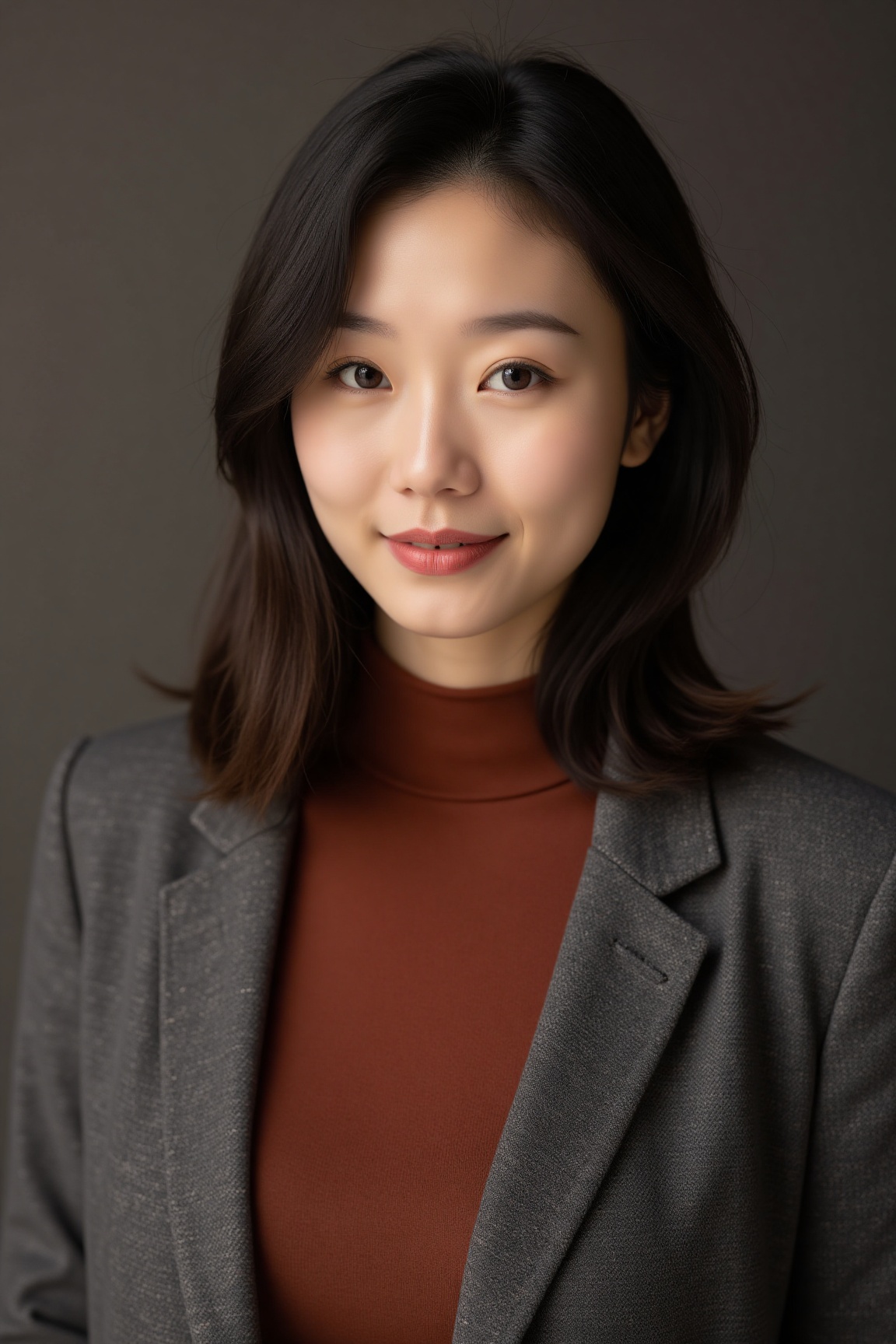 A high-detail shot of an Asian business leader in a relaxed pose,  her rust-red turtleneck contrasting with a slate-gray t...