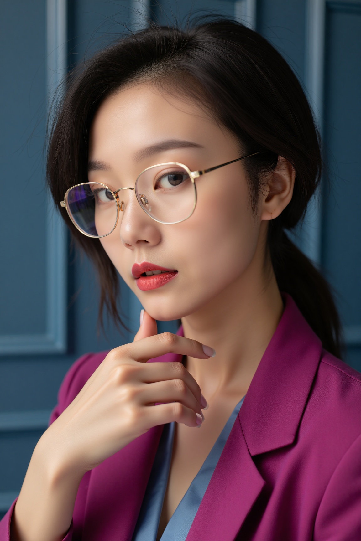 A close - up reveals an Asian professional woman in a magenta suit with an icy blue inner layer,  wearing thin - framed go...