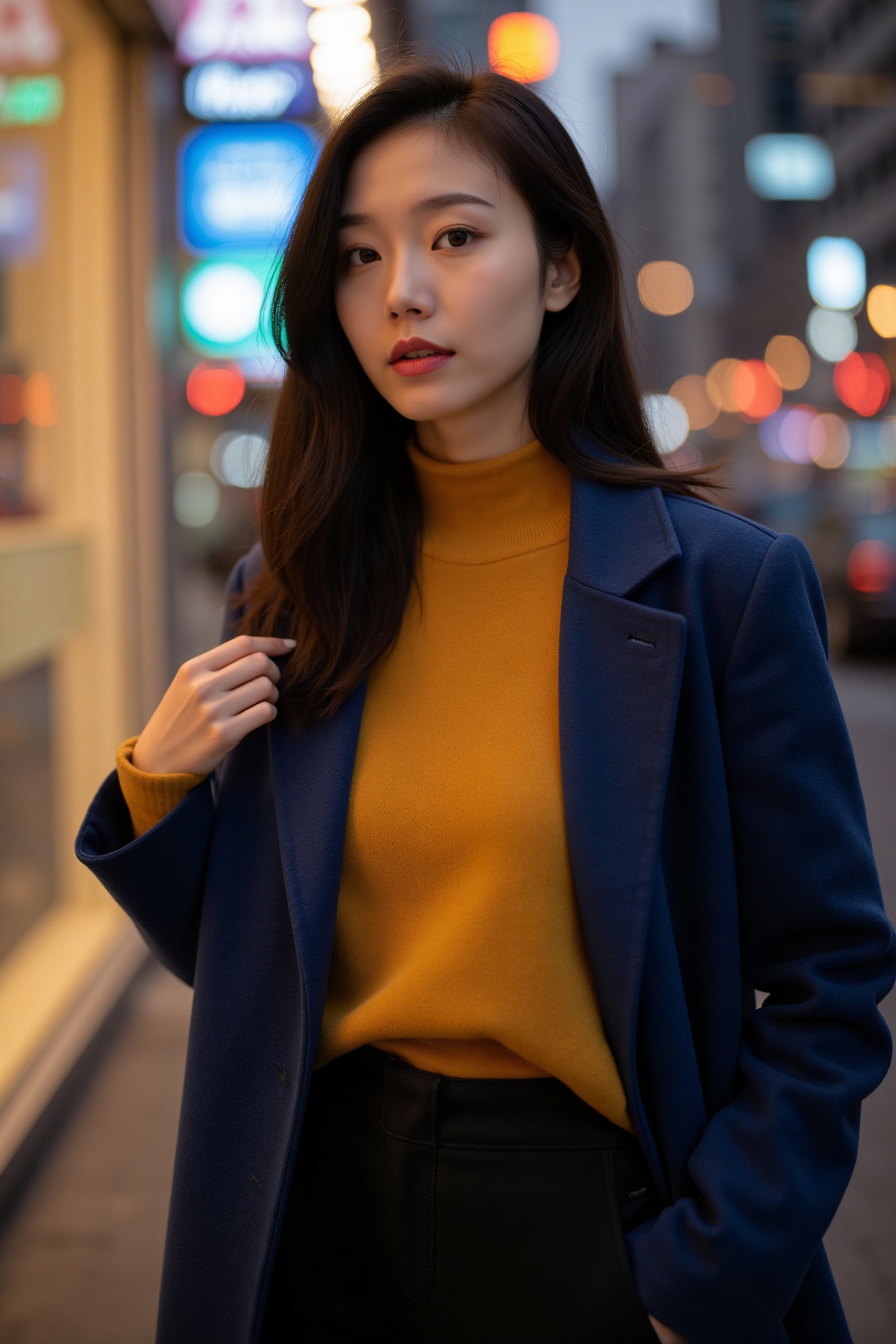 A dynamic portrait of an Asian career woman,  her mustard-yellow sweater popping against a deep blue structured coat. The...