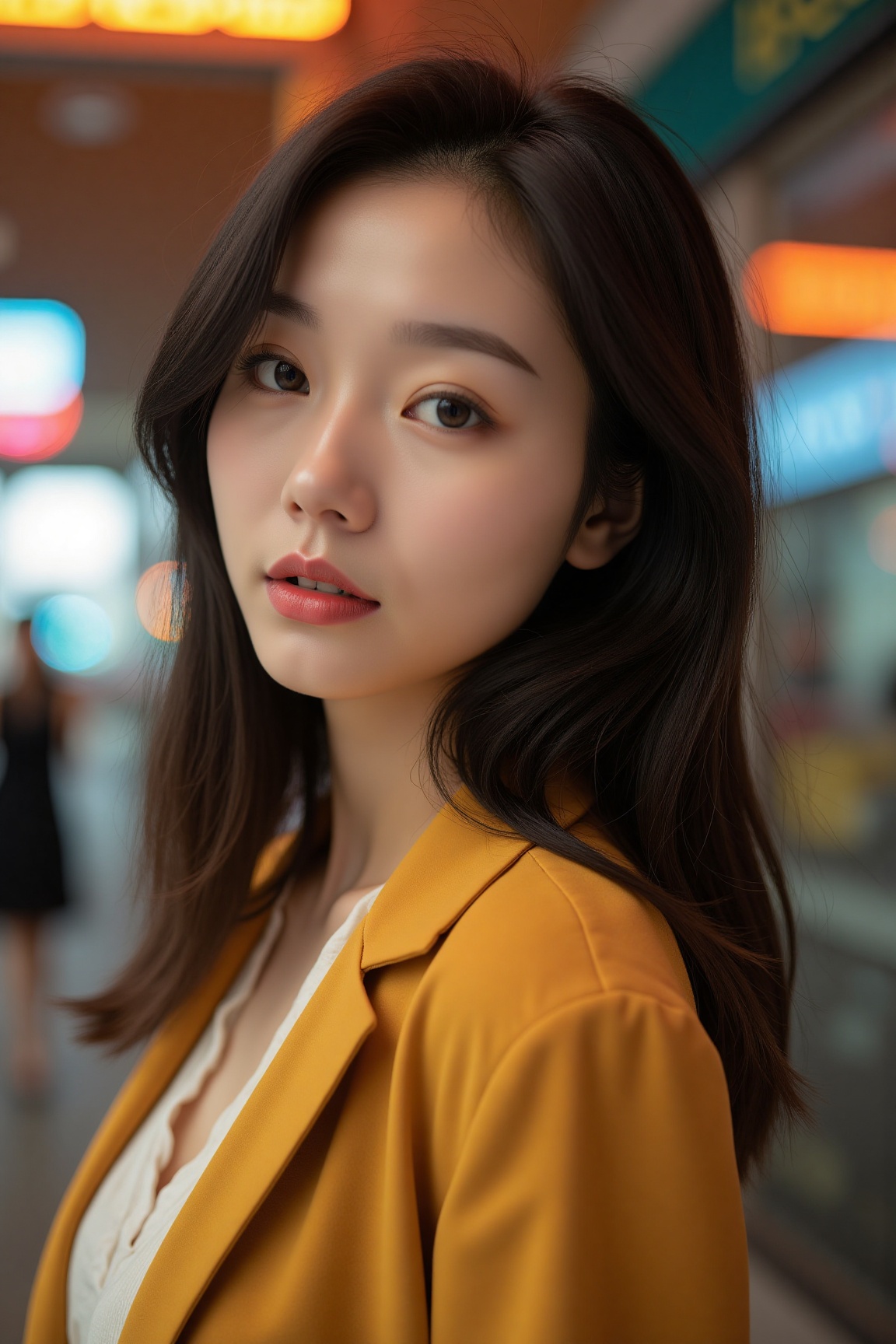Close-up of a professional Asian woman with elegant features,  her confident gaze and smooth skin glowing under soft light...