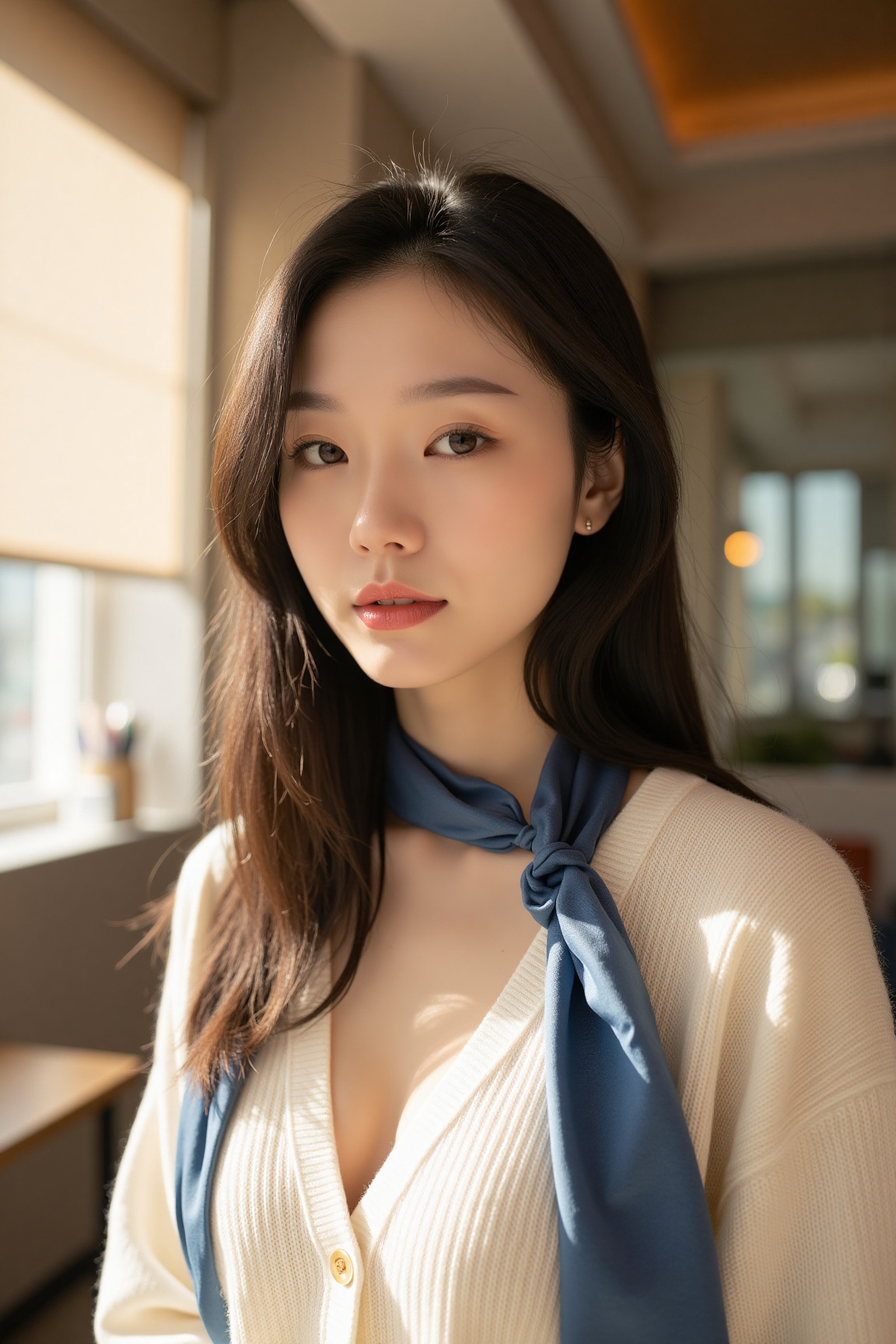 Close-up of an Asian beauty,  a career woman,  wearing a simple off-white V-neck knitted sweater on Tensor.Art