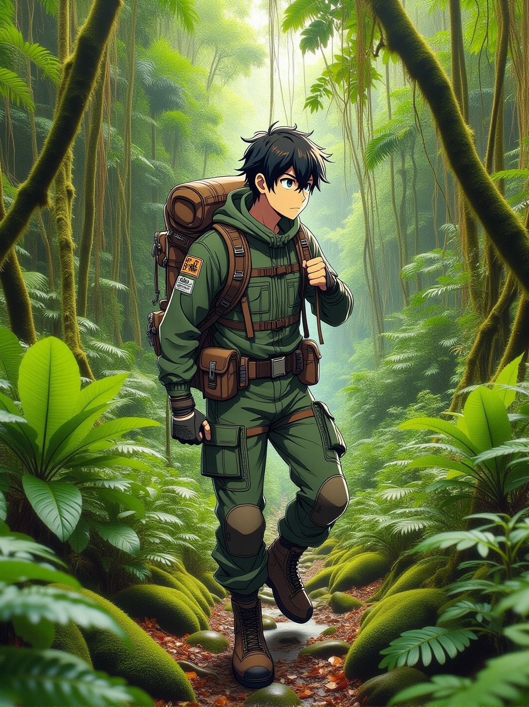 CMD: A Real life Photography of deep tropical jungle,  a detailed drawing anime-style boy wear jungle tracking suit with a...