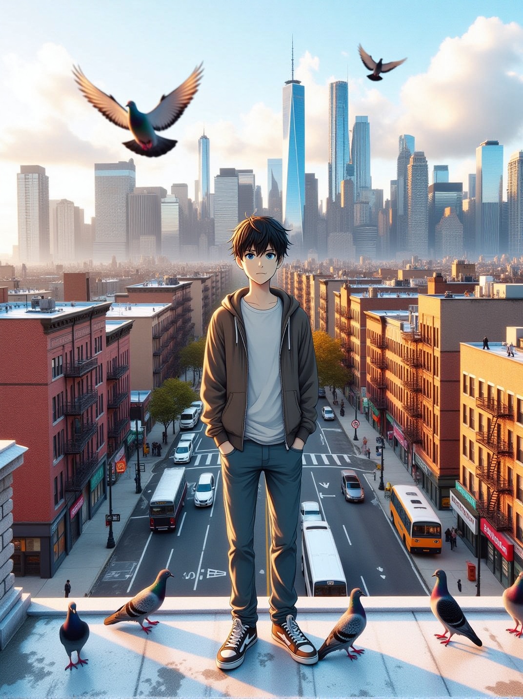 CMD: A real-life photography city skyline with distant traffic noise,  real-life photography pigeons flying by,  a detaile...