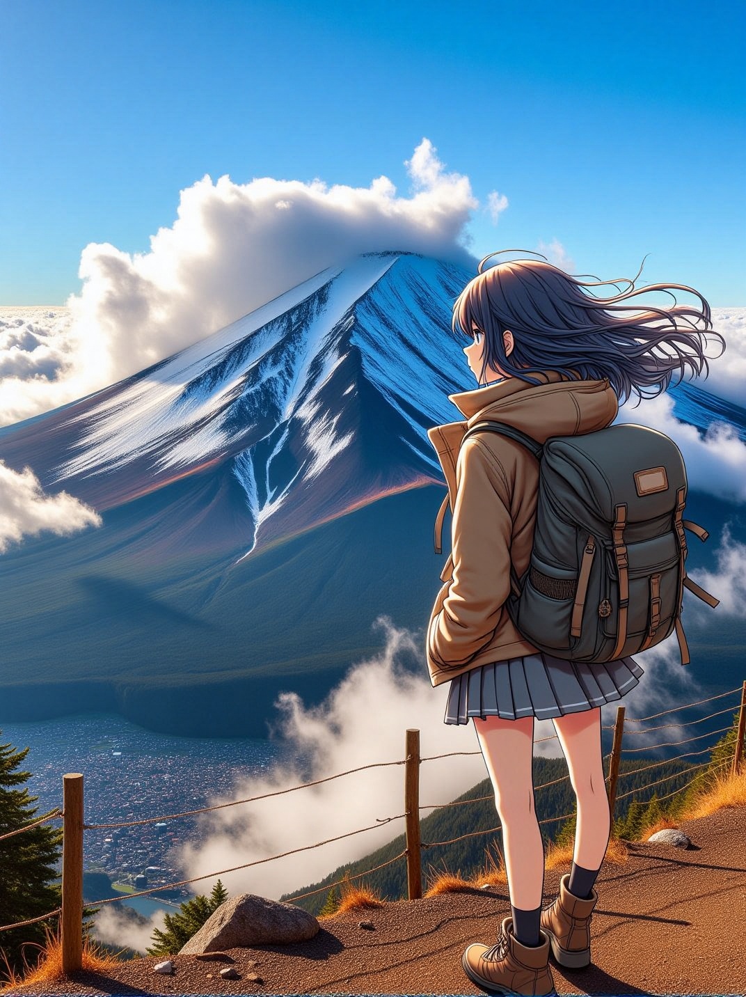 CMD: A Real life Photography of Mount Fuji during sunny day,  clouds parting over the peak,  a detailed anime-style girl h...