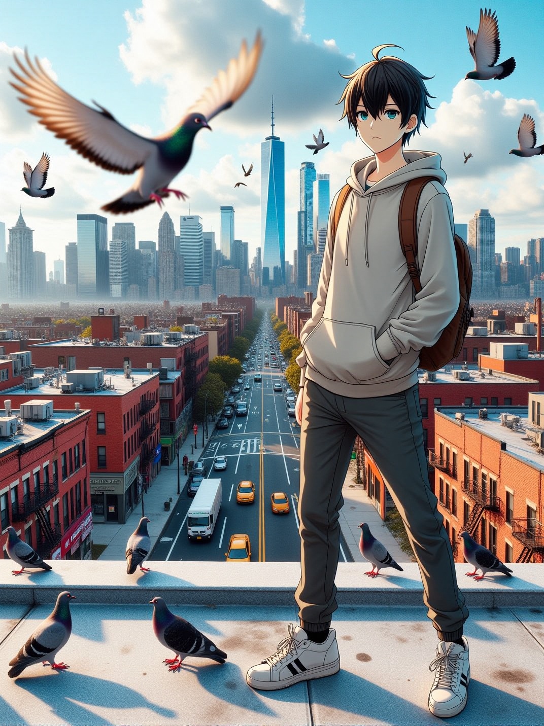 CMD: A real-life photography city skyline with distant traffic noise,  real-life photography pigeons flying by,  a detaile...