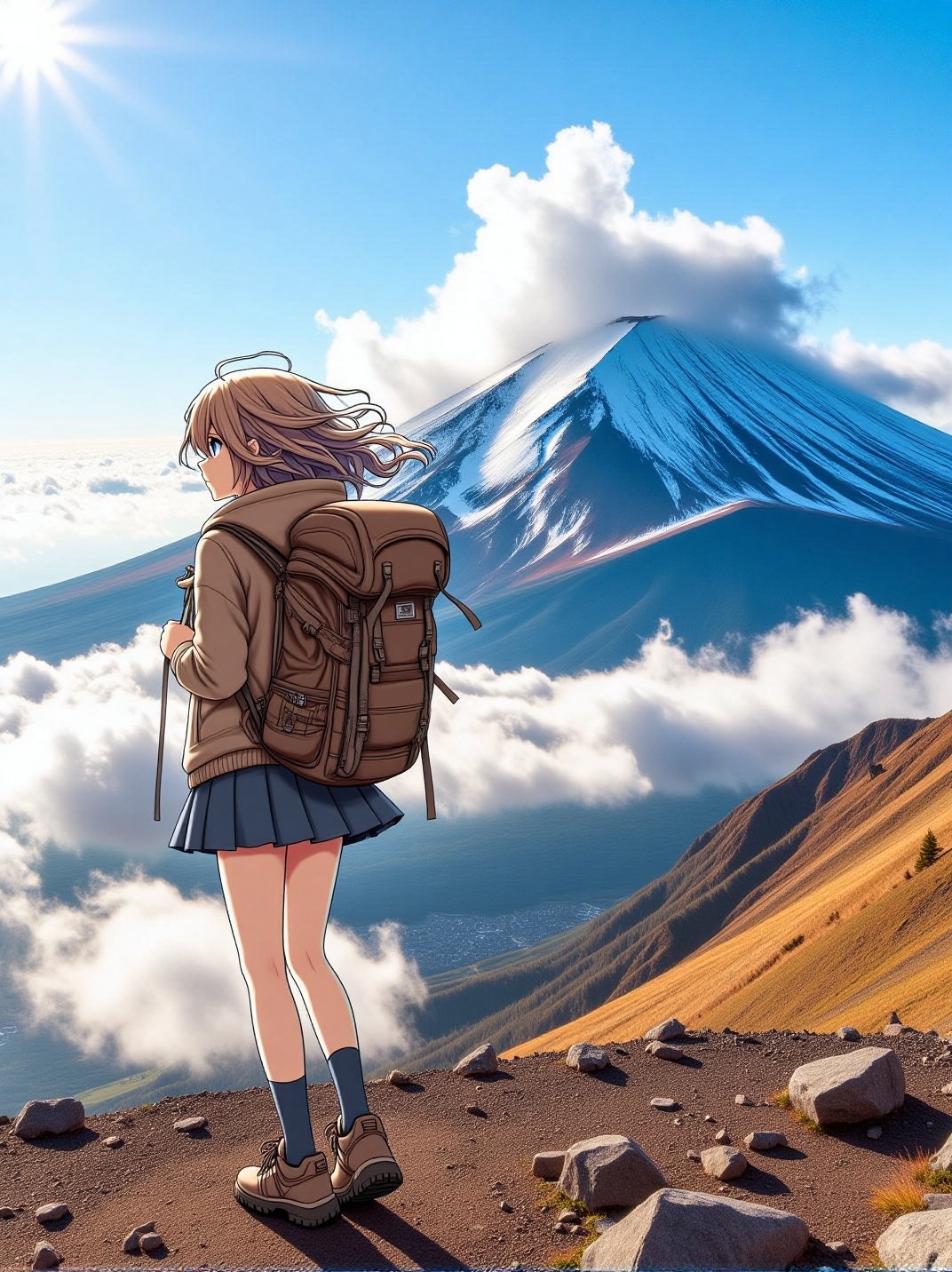 CMD: A Real life Photography of Mount Fuji during sunny day,  clouds parting over the peak,  a detailed anime-style girl h...