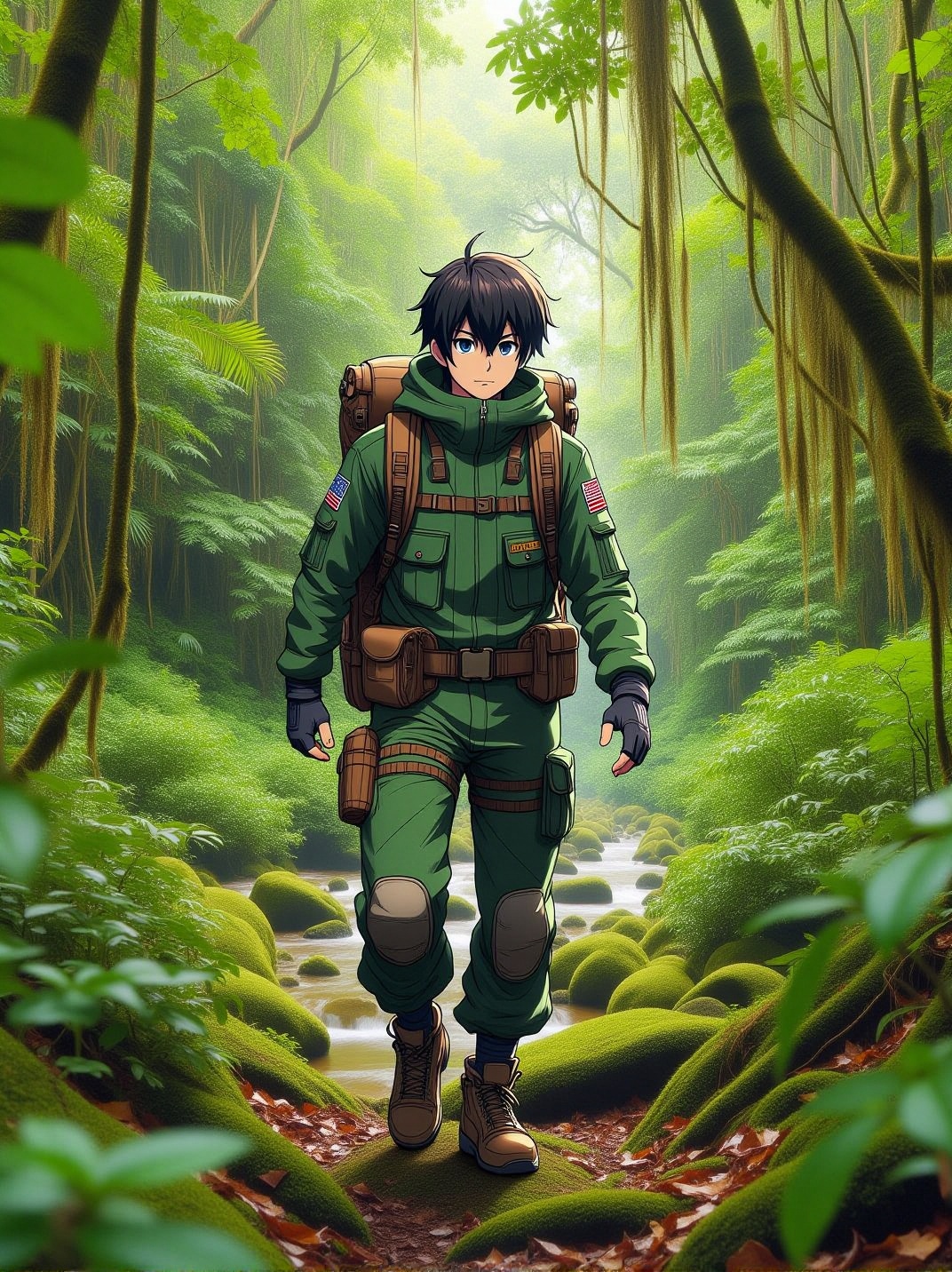 CMD: A Real life Photography of deep tropical jungle,  a detailed drawing anime-style boy wear jungle tracking suit with a...