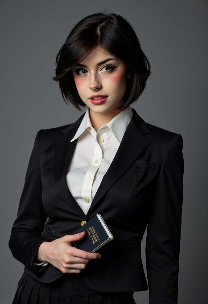 A sharp 1/800s﷿光using a Canon 5D Mark IV,  capturing Hannahowo's close-up face lit by softbox lights. Her short dark hair...