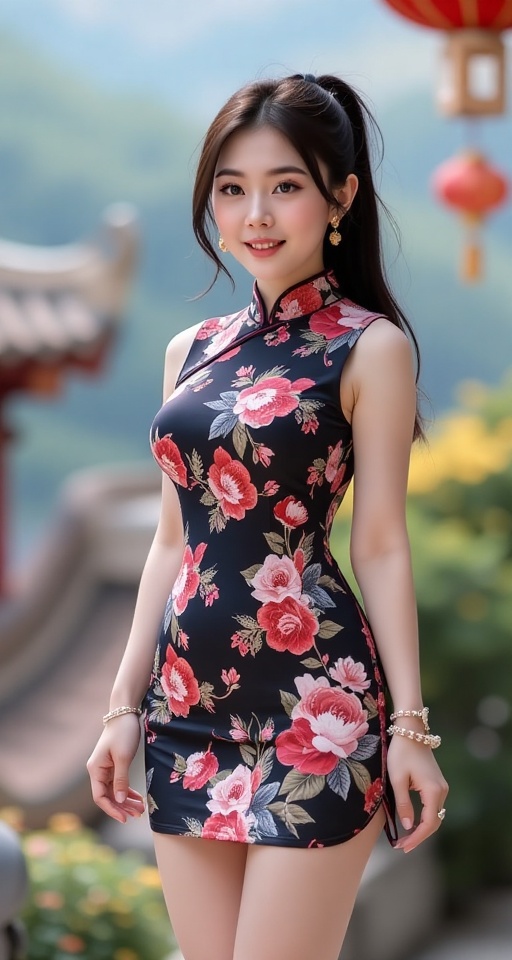 1girl solo looking at viewer black hair dress brown eyes jewelry ponytail earrings chinese clothes china dress thighs abov...
