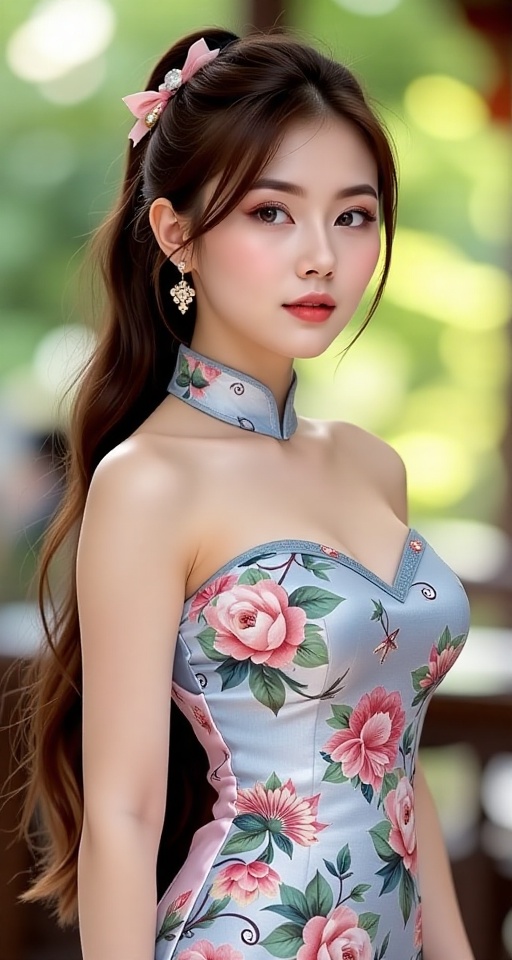 1girl solo long hair breasts looking at viewer brown hair dress brown eyes jewelry standing ponytail,  china dress,  abg o...