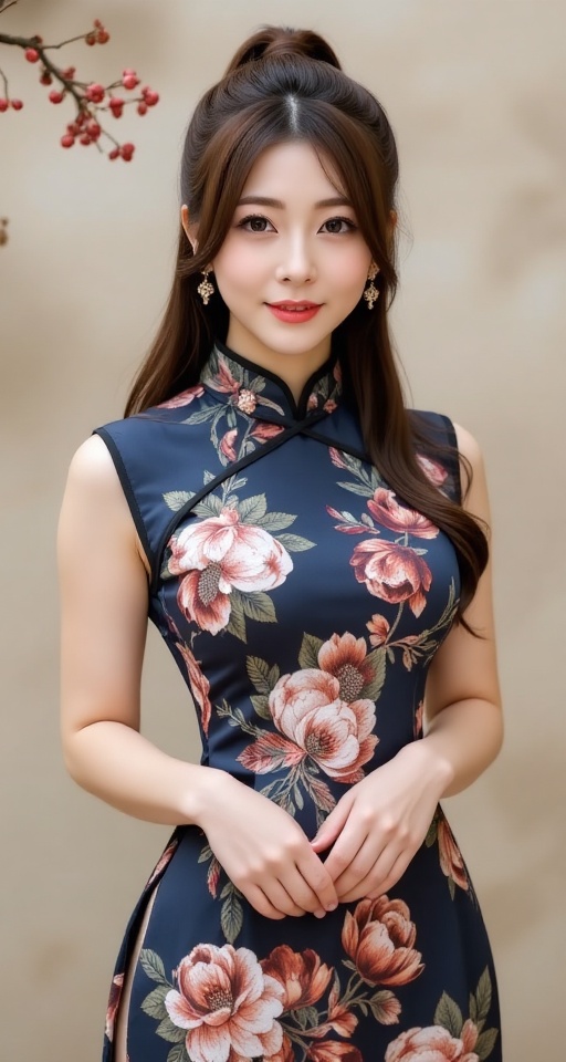 1girl solo brown hair dress jewelry ponytail earrings chinese clothes photo background china dress,  misaki on Tensor.Art