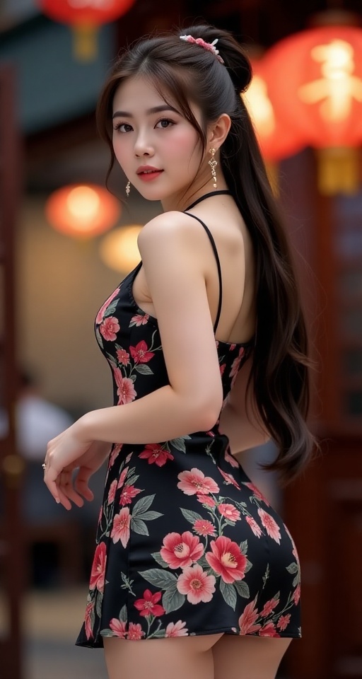 1girl solo long hair looking at viewer brown hair black hair dress brown eyes jewelry ponytail earrings looking back china...