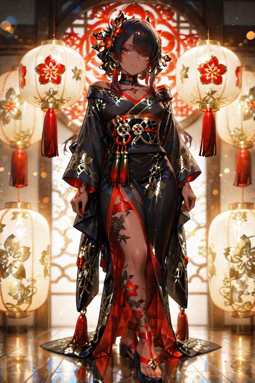 Beautiful dark haired girl in gorgeous black kimono with gold and white floral patterns and red and white trim,  ornate ha...