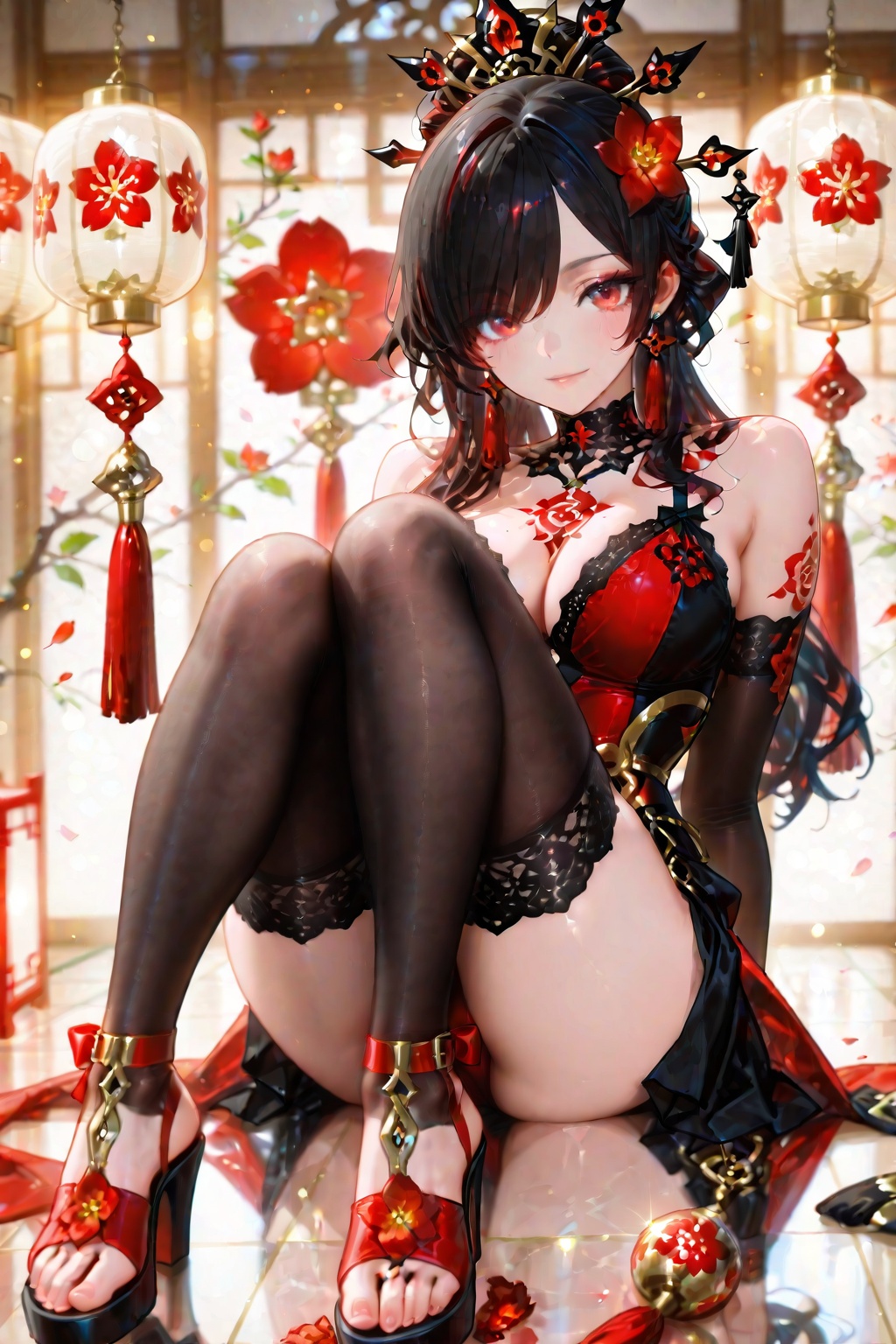 A gorgeous black-haired girl in gold and white floral patterns with red accents. Her hair is ornately decorated with brigh...