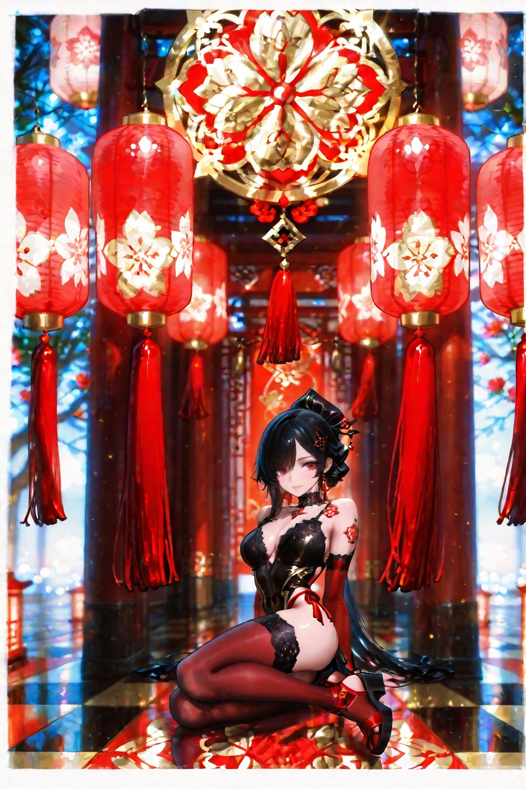 A gorgeous black-haired girl in gold and white floral patterns with red accents. Her hair is ornately decorated with brigh...