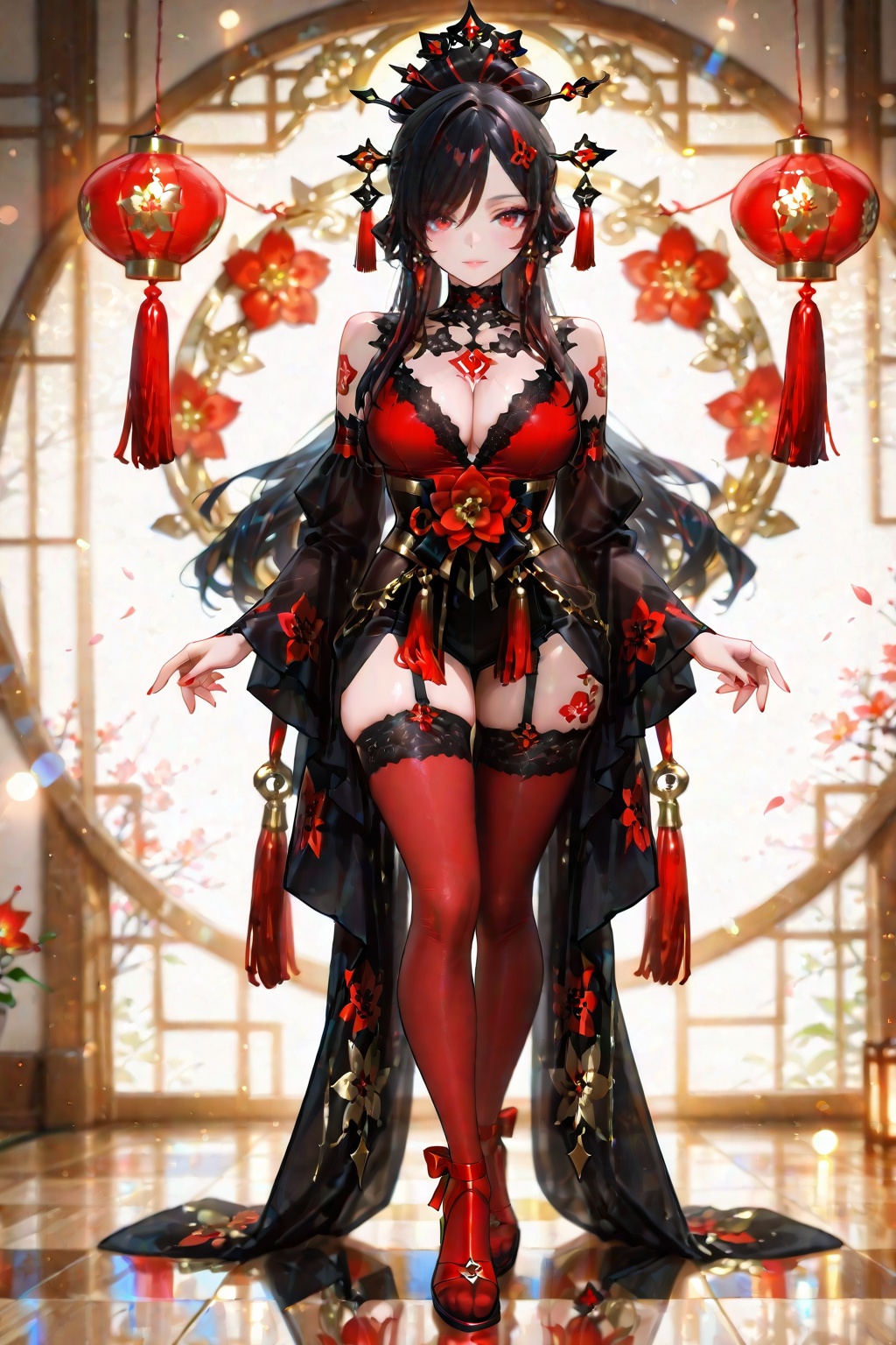 A gorgeous black-haired girl in gold and white floral patterns with red accents. Her hair is ornately decorated with brigh...