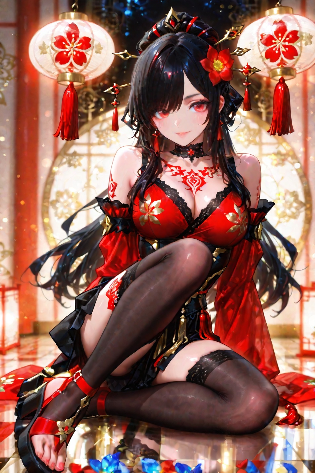 A gorgeous black-haired girl in gold and white floral patterns with red accents. Her hair is ornately decorated with brigh...