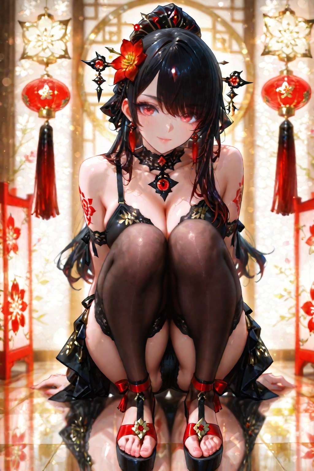 A gorgeous black-haired girl in gold and white floral patterns with red accents. Her hair is ornately decorated with brigh...