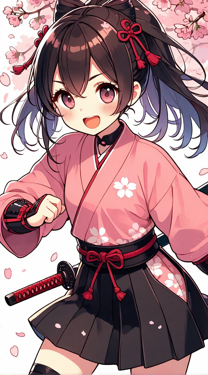 Cherry Blossom,  japanese samurai girl,  wearing traditional Japaese samurai outfit and dashing his katana. under cherry b...
