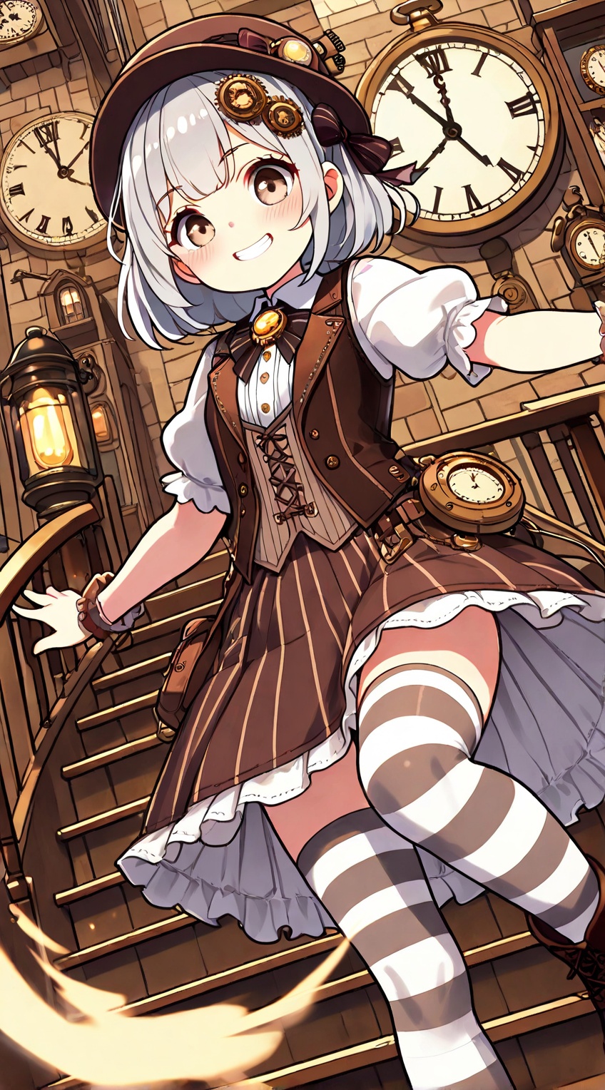 (steampunk-inspired vest and skirt,  gear-shaped brooch,  striped tights on Tensor.Art