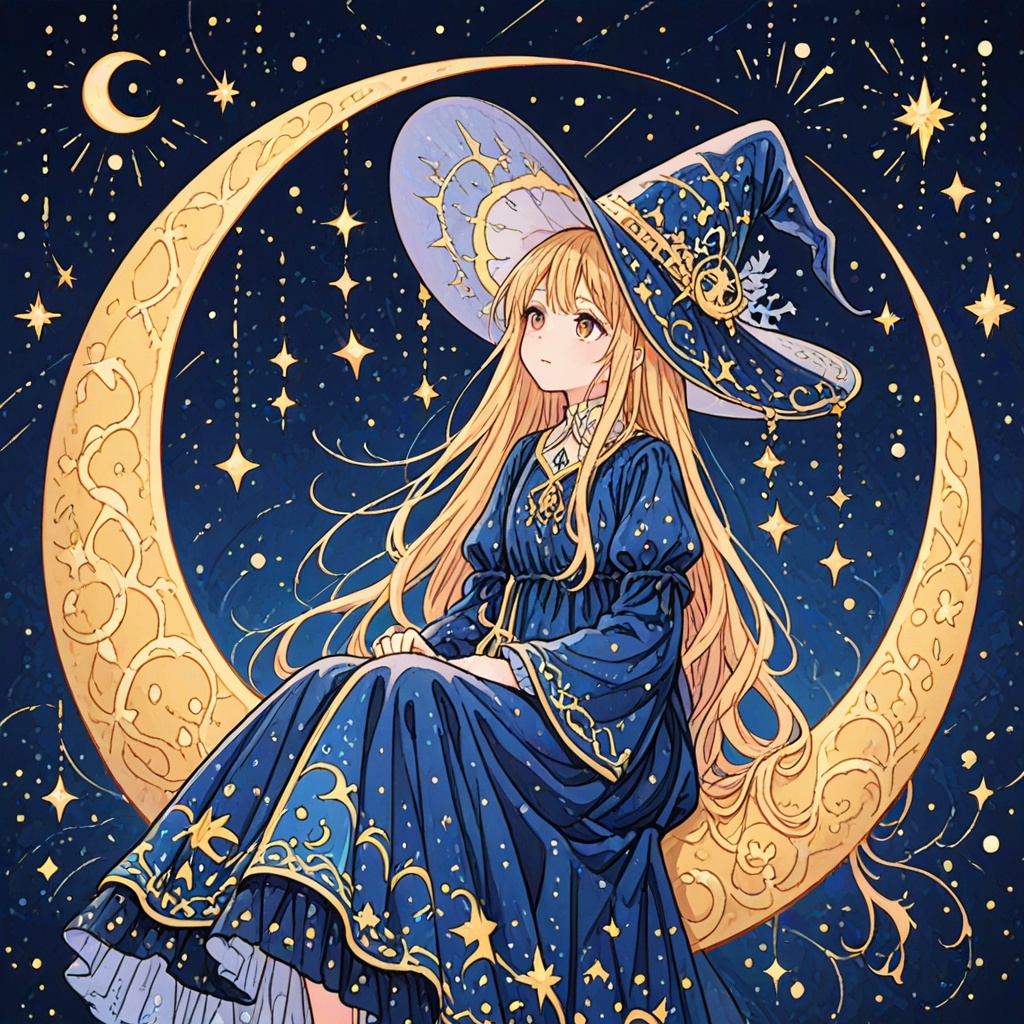 A young witch with long hair,  wearing a blue dress and a witch hat,  sitting on a crescent moon adorned with intricate on...