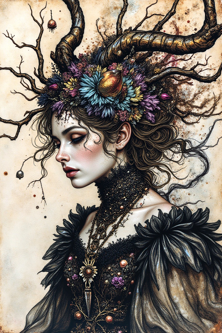 art by arthur rackham,  heroine from Sleepy Hollow,  blending oil paint with liquid chrome on Tensor.Art