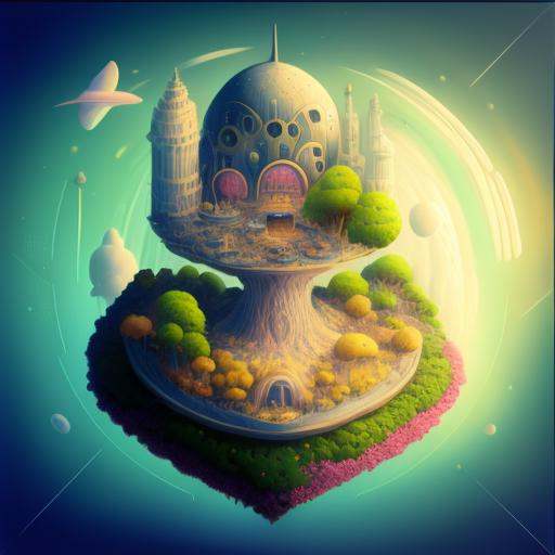 a good photo of the Isometric_Dreams,  surrounded by trees and a moon in the sky,  a tree house with a tower and a stairca...