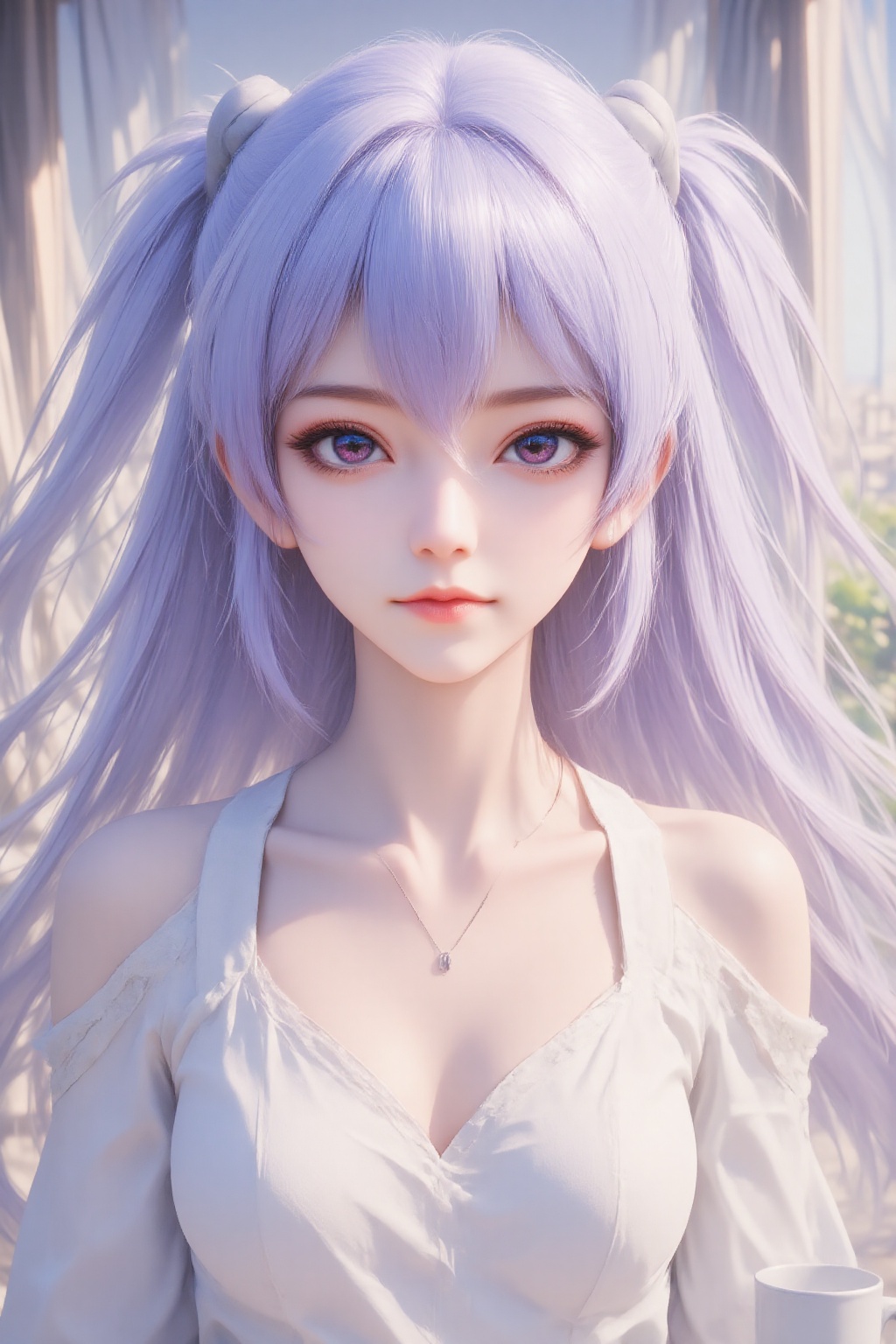 The image depicts a young person with long,  flowing lavender hair styled in two ponytails. They are wearing a white dress...
