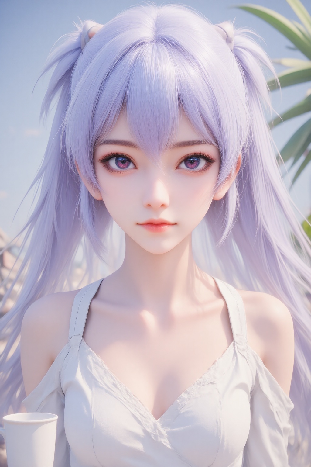The image depicts a young person with long,  flowing lavender hair styled in two ponytails. They are wearing a white dress...