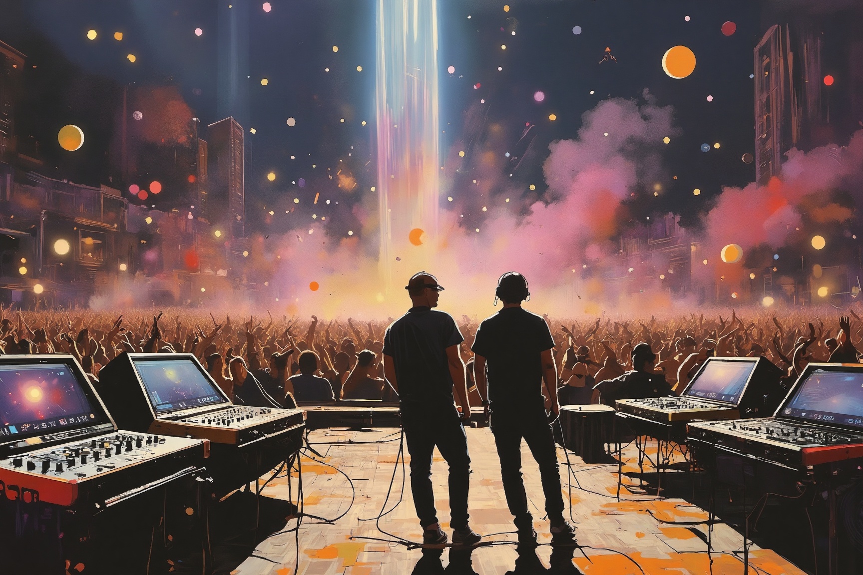 r41nd4nc3 style,  The image depicts a vibrant and dynamic scene of an electronic music concert. The central figure is a ma...
