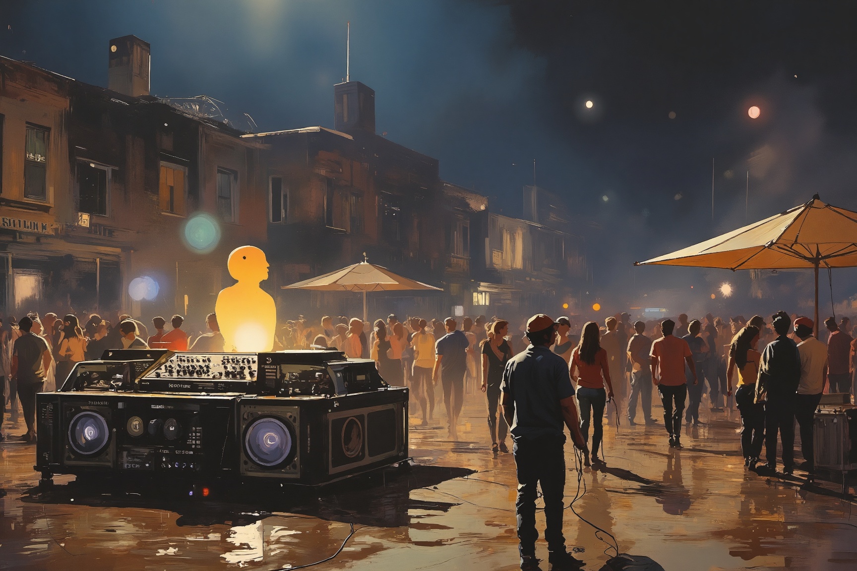 r41nd4nc3 style,  The image depicts a bustling,  dimly lit street market at night on Tensor.Art