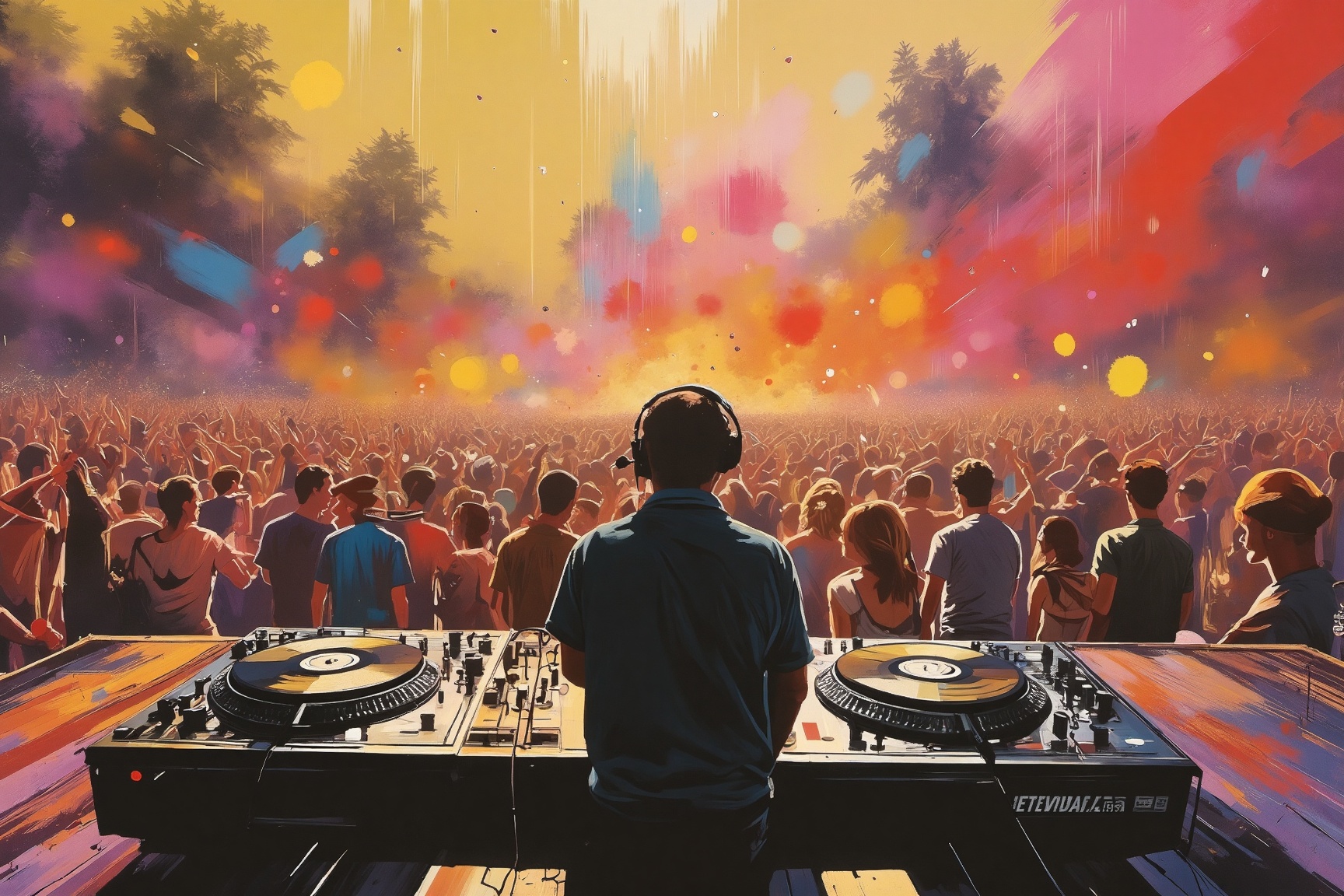 r41nd4nc3 style,  The image depicts a vibrant and energetic scene at a music festival or concert. The central figure is a...